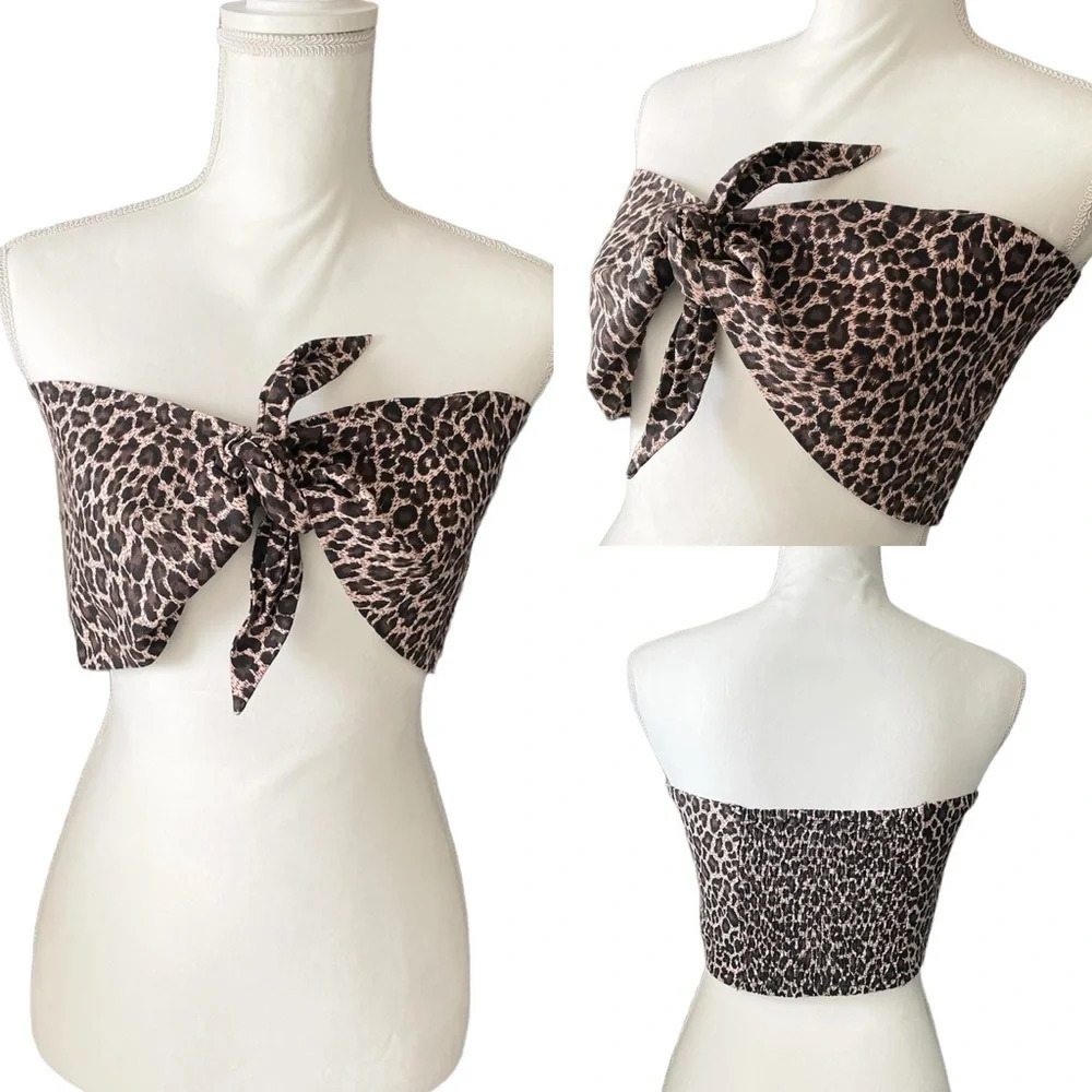 Express Leopard Print Linen Crop Tube Top with Front Tie Women’s Large NWT - Picture 2 of 13